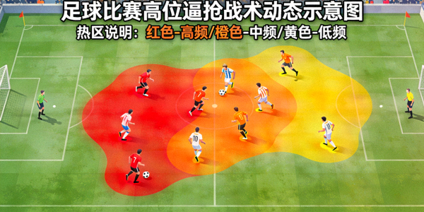 足球比赛高位逼抢战术动态示意图，显示球员跑动热区